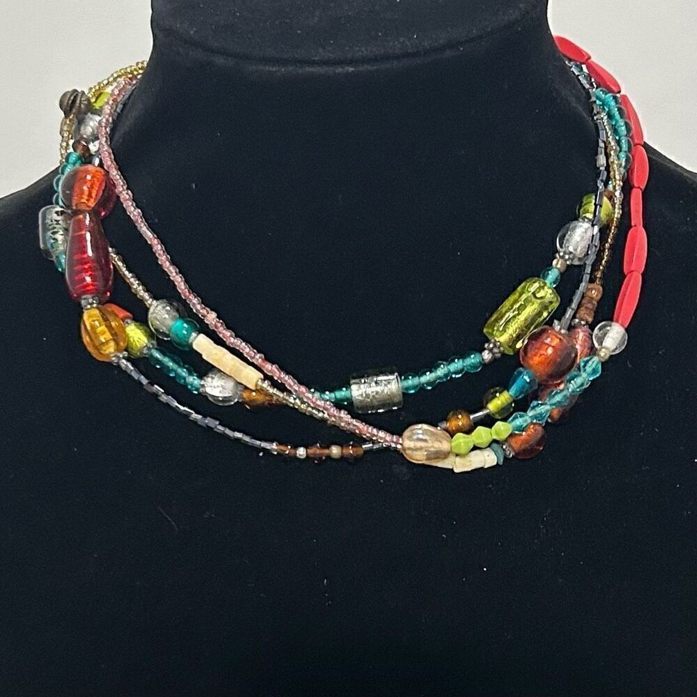 Handmade Glass Mixed Beaded Necklace Women's Adjustable Multicolor 4 Strand